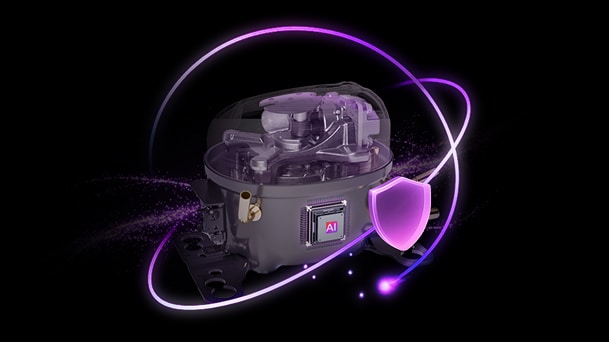 LG KI Inverter Compressor-Illustration mit leuchtenden violetten Akzenten und einem Schildsymbol für Haltbarkeit