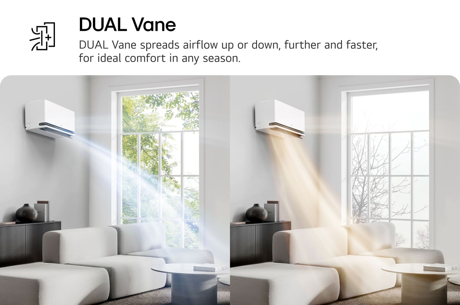 LG Dual Vane Klimaanlage in einem Wohnzimmer. Kühle Luft strömt links nach oben, warme Luft rechts nach unten. Der Begleittext lautet: „DUAL Vane verteilt den Luftstrom nach oben oder unten, weiter und schneller, für idealen Komfort zu jeder Jahreszeit.“