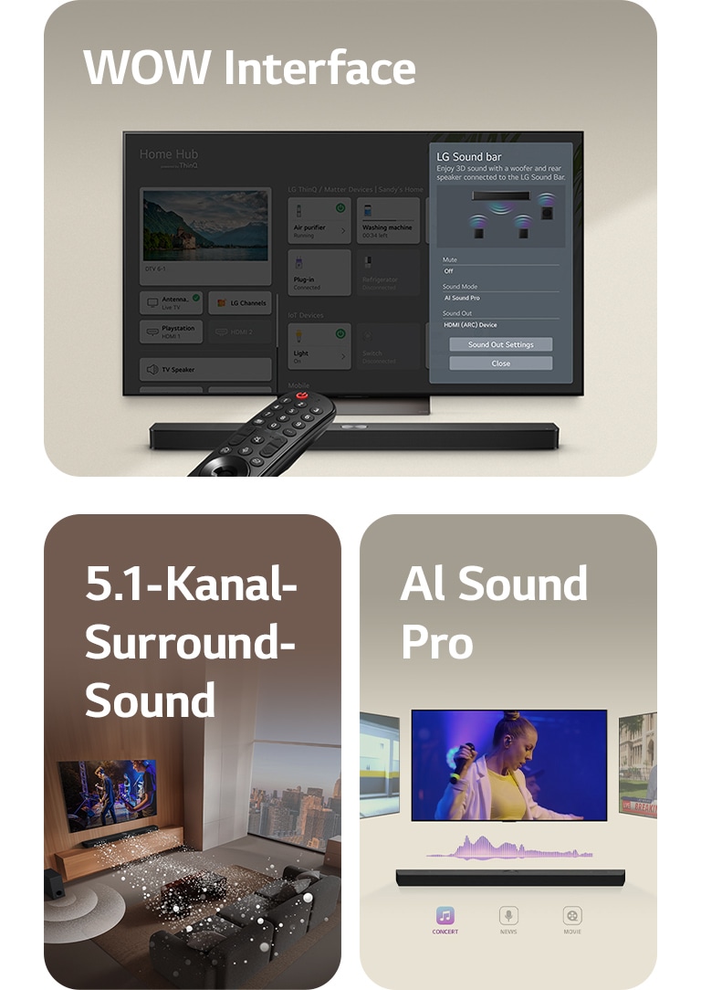 Die LG-Fernbedienung zeigt auf einen LG TV mit einer LG Soundbar darunter. Auf dem Bildschirm des LG TVs wird das Menü der WOW-Oberfläche angezeigt.  LG Soundbar, LG TV, hintere Lautsprecher und Subwoofer stehen in einem Wohnzimmer und zeigen ein Bild auf dem Bildschirm, während eine Musikaufführung gespielt wird. Drei Zweige weißer, aus Tröpfchen bestehender Schallwellen ragen aus der Soundbar und ein Subwoofer erzeugt einen Klangeffekt von unten.  LG Soundbar mit drei verschiedenen Fernsehern darüber. Einer zeigt einen Film, einer ein Konzert und der andere eine Nachrichtensendung. Unter der Soundbar befinden sich drei Symbole für jedes Genre.