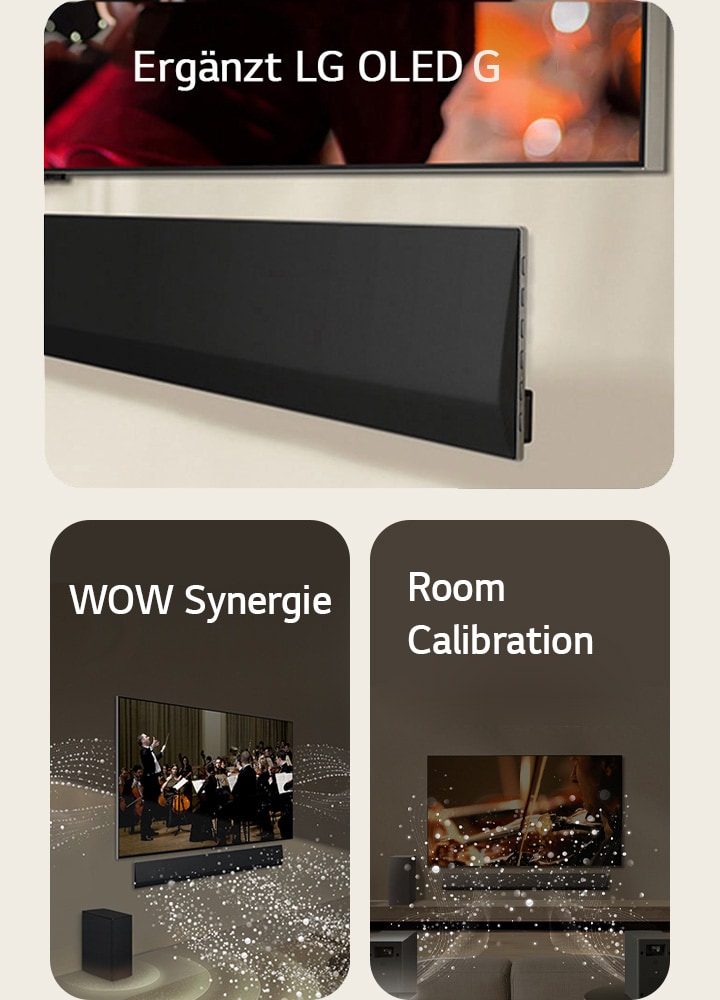Eine schräge Perspektive von der Unterseite eines LG TVs und einer LG Soundbar, die an der Wand befestigt ist. LG Soundbar und LG TV in einem Wohnzimmer bei der Wiedergabe einer Orchesteraufführung. Von der Soundbar gehen weiße Tröpfchen, die Schallwellen darstellen, nach oben und nach vorne und projizieren vom Fernseher, während der Subwoofer von unten einen Klangeffekt erzeugt. LG Soundbar, LG TV, hintere Lautsprecher und ein Subwoofer befinden sich in einem Wohnzimmer. Über dem Raum wird ein Raster eingeblendet, das wie ein Scan des Raums wirkt. Aus der Frontalperspektive der hinteren Lautsprecher kommen aus Tröpfchen bestehende weiße Schallwellen.