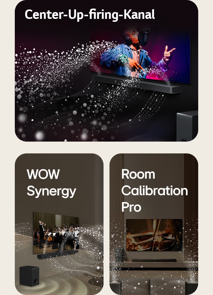Ein Bild eines LG TVs und einer LG Soundbar in einem schwarzen Zimmer, wobei eine Musikaufführung abgespielt wird. Weiße Tröpfchen, die Schallwellen darstellen, schießen von der Soundbar wie bei deinem Wasserfall nach oben und nach vorne.  Ein Bild eines LG TVs und einer LG Soundbar in einem Wohnzimmer, wobei eine Musikaufführung abgespielt wird. Weiße Tröpfchen, die Schallwellen darstellen, schießen von der Soundbar nach oben und nach vorne und werden vom Fernseher projiziert, um die einzigartigen Klangpaletten der Lautsprecher des Fernsehers und der Soundbar zu zeigen.