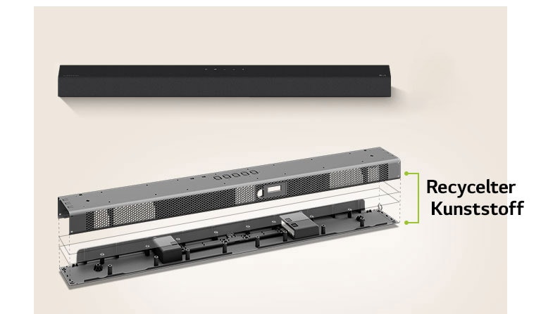 Die Frontansicht der Soundbar zeigt die Rückseite, die Abbildung des Metallrahmens die Vorderseite der Soundbar.