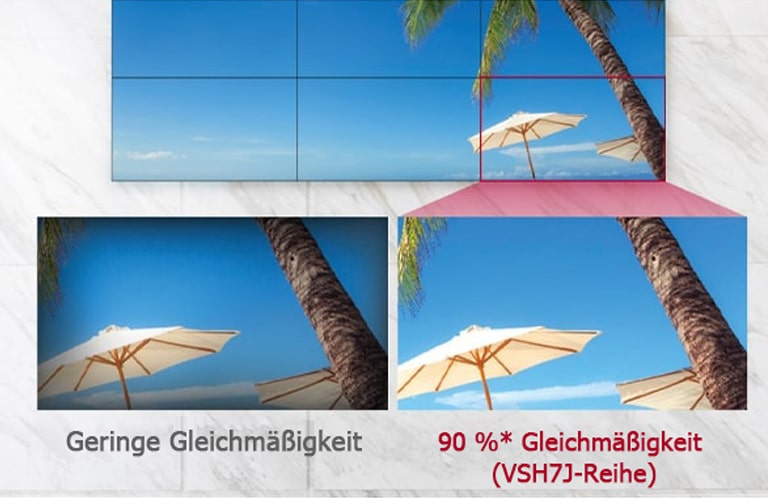 Displays mit geringer Gleichmäßigkeit weisen eine Vignettierung (dunklere Farbwiedergabe in den Ecken des Rahmens) auf, wohingegen die VSH7J-Reihe die Farben gleichmäßig anzeigt.