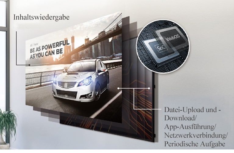 Der enthaltene SoC und die webOS Smart Signage Platform zeigen, dass das Gerät mehrere Aufgaben gleichzeitig ausführen kann.