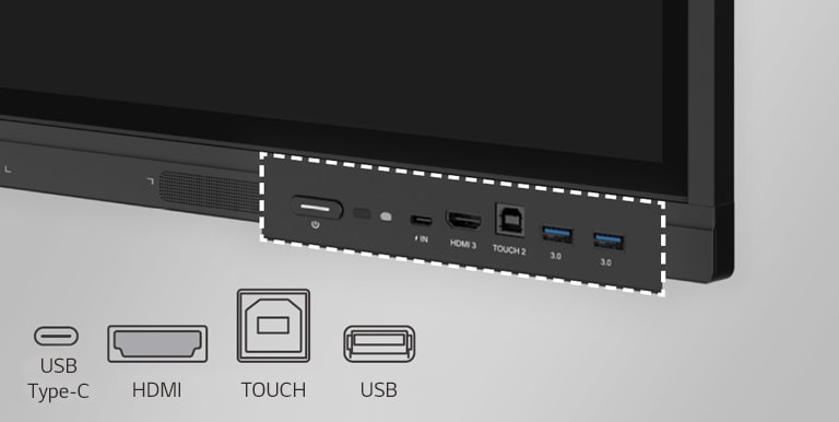 Das LG CreateBoard hat auf der Vorderseite Anschlüsse wie USB und HDMI.
