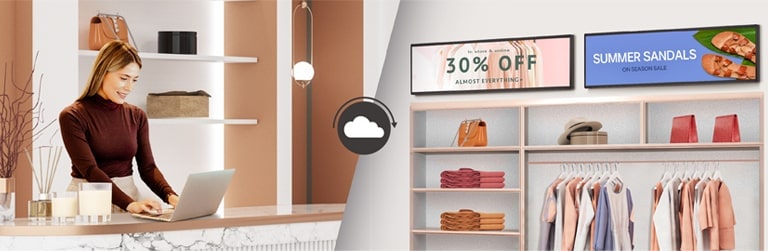 Der Manager eines Bekleidungsgeschäfts erstellt Anzeigen, die auf dem an der Wand des Geschäfts installierten BH7N-Bildschirm mit Hilfe der Content-Management-Software SuperSign angezeigt werden.