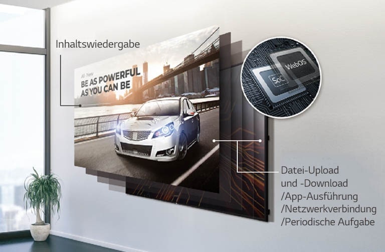 Der enthaltene SoC und die webOS Smart Signage Platform zeigen, dass das Gerät mehrere Aufgaben gleichzeitig ausführen kann.