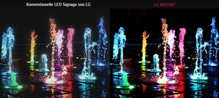 Bodenbrunnen in verschiedenen Farben, um den Unterschied zwischen der konventionellen LED Signage von LG und LG MAGNIT hinsichtlich Kontrastverhältnis und Schärfe zu zeigen