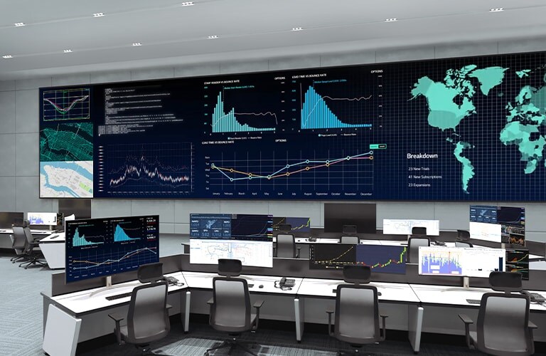 Zu sehen sind in einem Kontrollraum stehende Monitore sowie an der Wand angebrachte LED-Displays, die diverse Diagramme anzeigen.