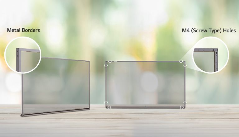 Die Metallränder an den Rahmenbereichen des 55EW5P-M sowie die M4-Löcher (Schraubentyp) an jeder Kante sind in einer vergrößerten Ansicht dargestellt.