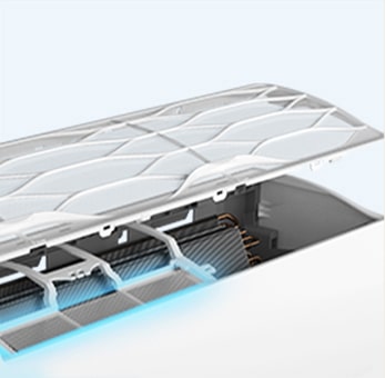 Die LG-Klimaanlage wird mit einer geöffneten Oberseite angezeigt. Dabei wird der Innenbereich sichtbar. Es gibt ein blaues Neonlicht, das den Filter im Inneren beleuchtet. 