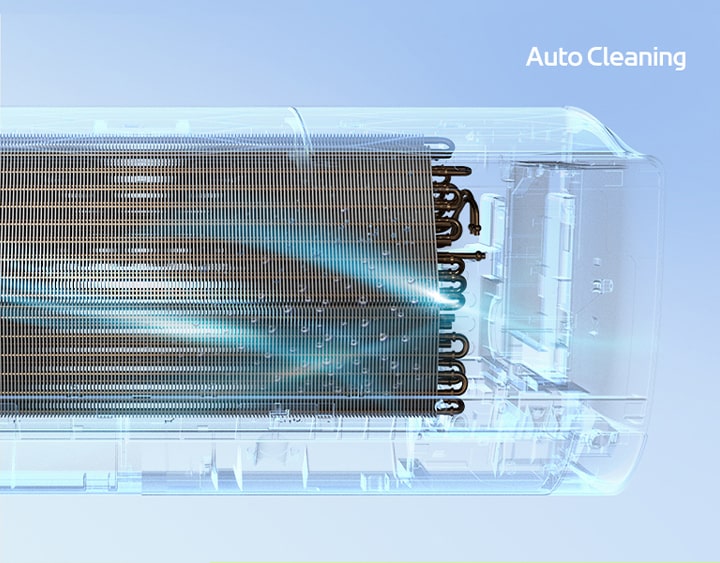 Die Vorderansicht der LG-Klimaanlage mit komplett unsichtbarer Außenseite, damit das Innenleben der Maschine sichtbar ist. Die Maschine funktioniert und dann wird ein blaues Licht, der Mechanismus Auto Cleaning eingeschaltet und ein blaues Licht erscheint in der Maschine. Rechts oben befindet sich das Logo von Auto Cleaning.