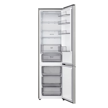 LG Unterer Gefrierschrank (GBBS726CPY) mit vollständiger Sicht auf die geöffnete Tür mit Sicht auf Kühlschrank- und Gefrierfächer