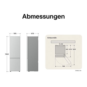 LG Kühl-Gefrierkombination GBG5160CEV technische Zeichnung: H 1860, B 595, T 676 mm mit Einbaumaßen und erforderlichem Freiraum.