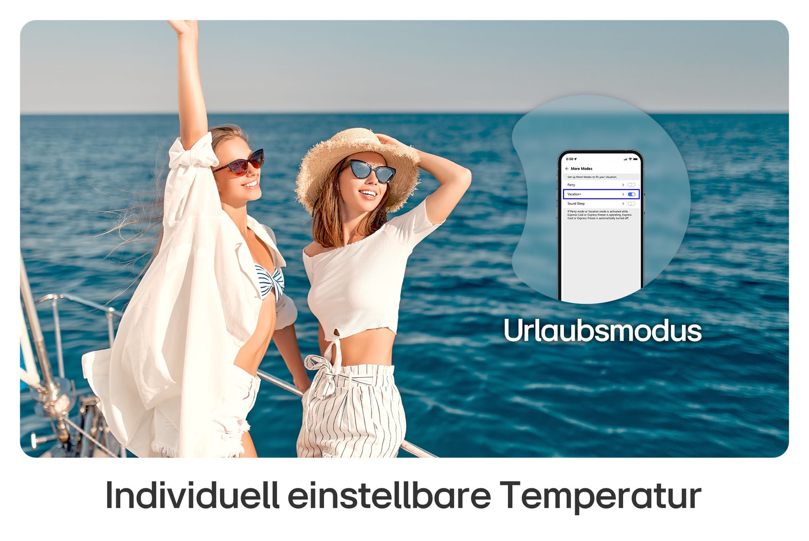 LG Kühl-Gefrierkombination GBG5160CEV zeigt Urlaubsmodus über die ThinQ App, wodurch beim Reisen Energie durch individuelle Temperatureinstellungen gespart wird.
