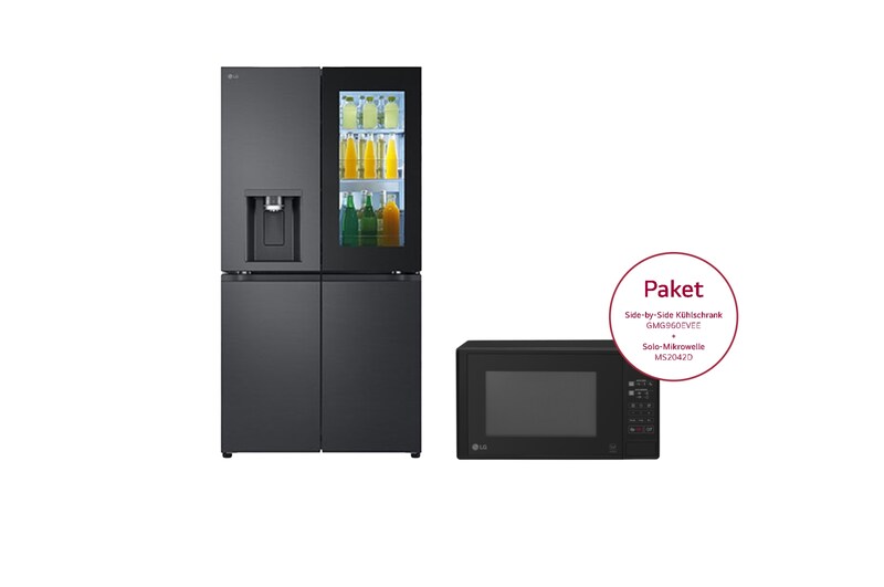 Vorderansicht von Multi Door mit InstaView® | Eis-, Crushed Ice- und Wasserspender | 638 Liter Kapazität | ​Energieeffizienzklasse ​E​ | Festwasseranschluss | GMG960EVEE & Solo-Mikrowelle mit Smart Inverter Technologie | EasyClean | 20 Litern Kapazität | Leistung: 700 Watt | MS2042D GMG960EVEE.MS2042D