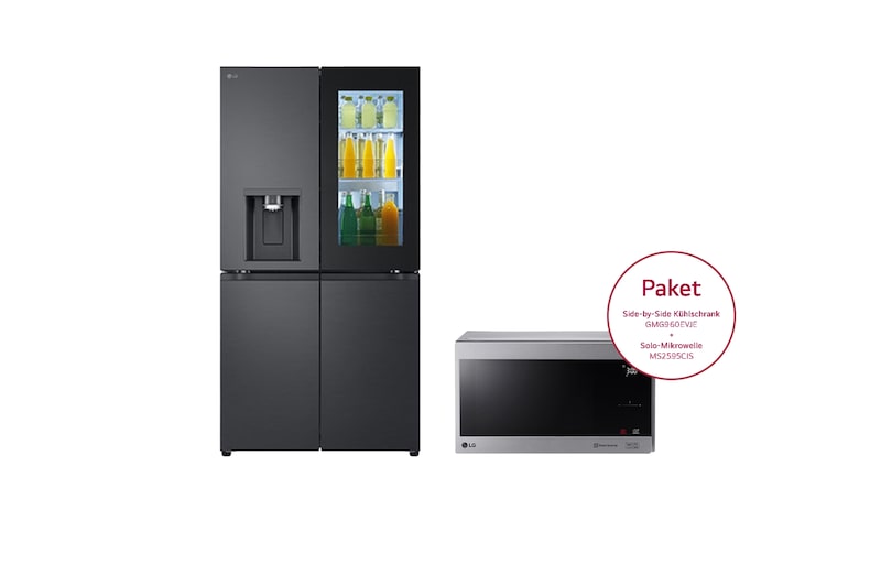 LG Multi Door mit InstaView® | 638 Liter Kapazität | Festwasseranschluss | GMG960EVJE & Solo-Mikrowelle | 25 Liter Kapazität | Leistung 1000 Watt | MS2595CIS, GMG960EVJE.MS2595CIS