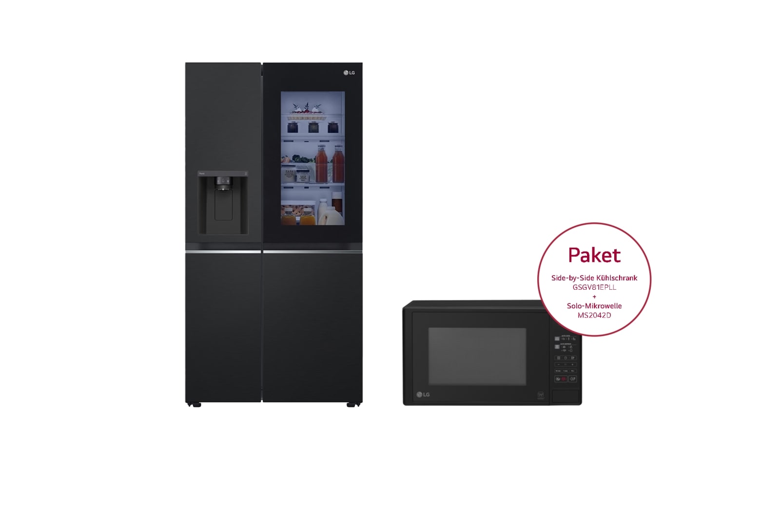 Vorderansicht von Side-by-Side mit InstaView | Eis-, Crushed Ice- und Wasserspender |  635 Liter Kapazität | EEK E | Interner Wassertank 4L | Matte Black | GSGV81EPLL &amp; Solo-Mikrowelle mit Smart Inverter Technologie | EasyClean | 20 Litern Kapazität | Leistung: 700 Watt | MS2042D GSGV81EPLL.MS2042D