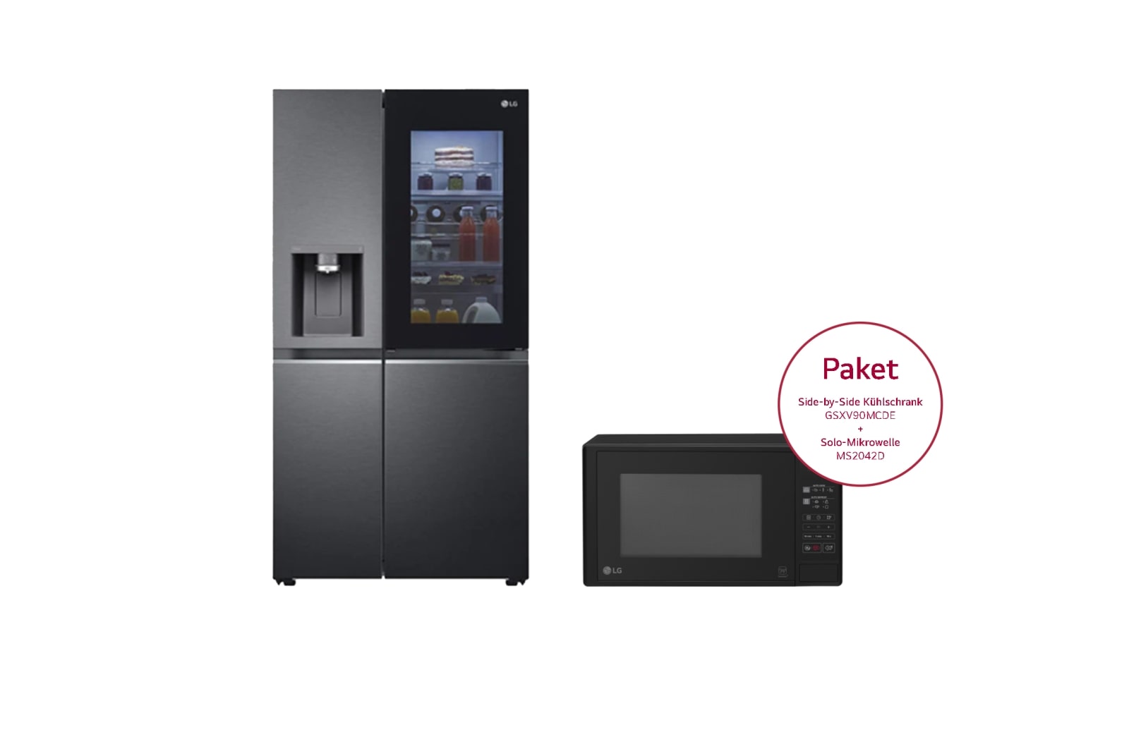 Vorderansicht von Side-by-Side mit InstaView Door-in-Door® | 635 Liter Kapazität | Festwasseranschluss | Matte Black Steel | LG GSXV90MCDE &amp; Solo-Mikrowelle | EasyClean | 20 Liter Kapazität | Leistung: 700 Watt | MS2042D GSXV90MCDE.MS2042D