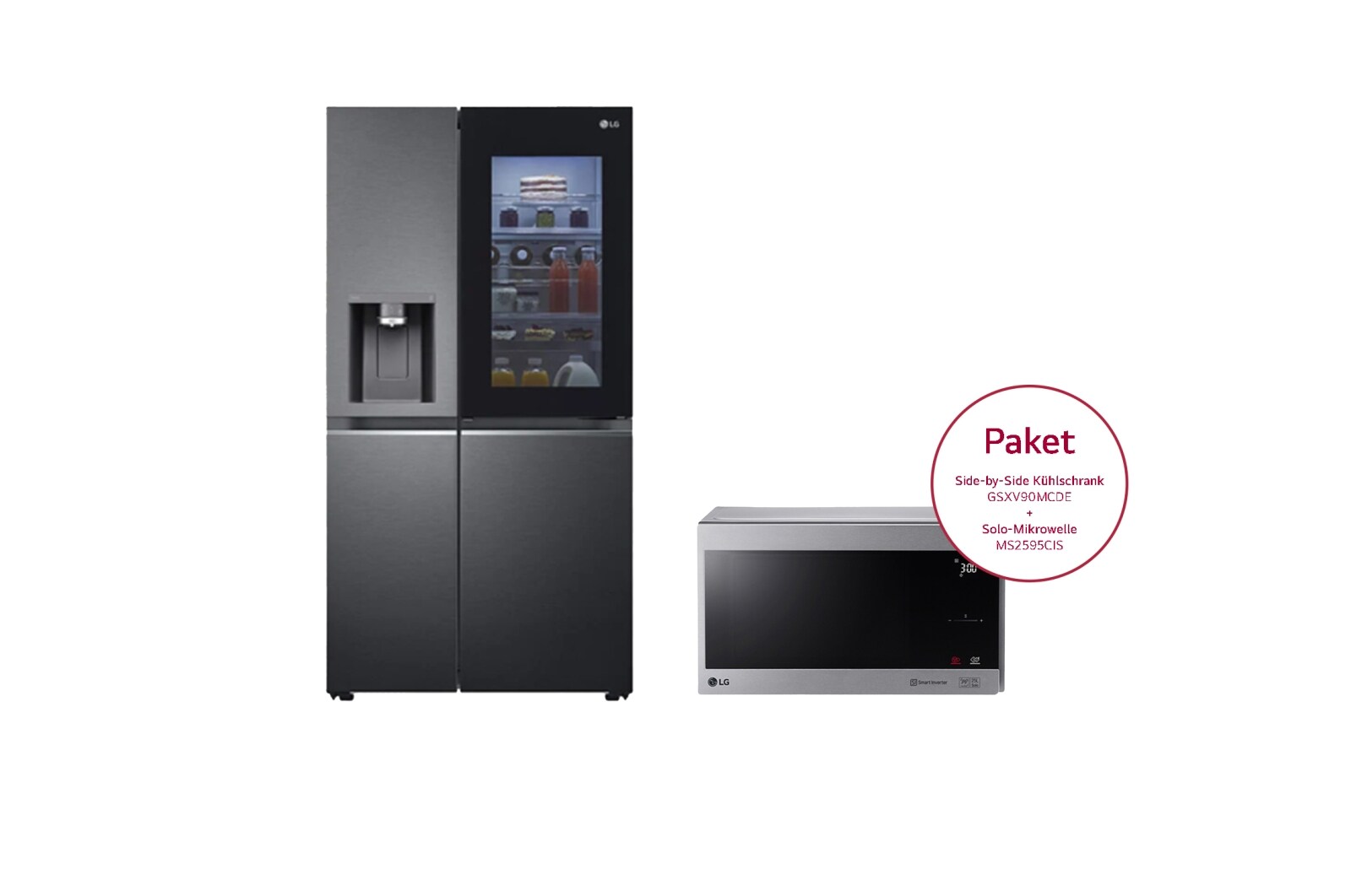 Vorderansicht von Side-by-Side mit InstaView Door-in-Door® | 635 Liter Kapazität | Festwasseranschluss | Matte Black Steel | LG GSXV90MCDE & Solo-Mikrowelle | 25 Liter Kapazität | Leistung 1000 Watt | MS2595CIS GSXV90MCDE.MS2595CIS