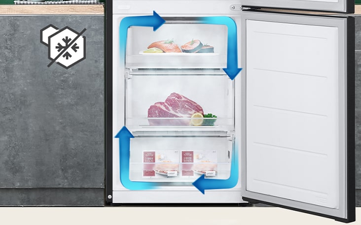 No-Frost-Gefrierschrank mit gleichmäßiger Kühlung und zirkulierender Kaltluft, um Lebensmittel in allen Ecken frisch zu halten.