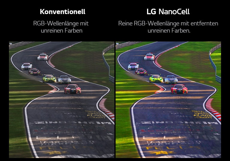 A scene of a racing game is shown on a conventional TV with poor picture quality. The other half is an LG NanoCell TV with high picture quality.