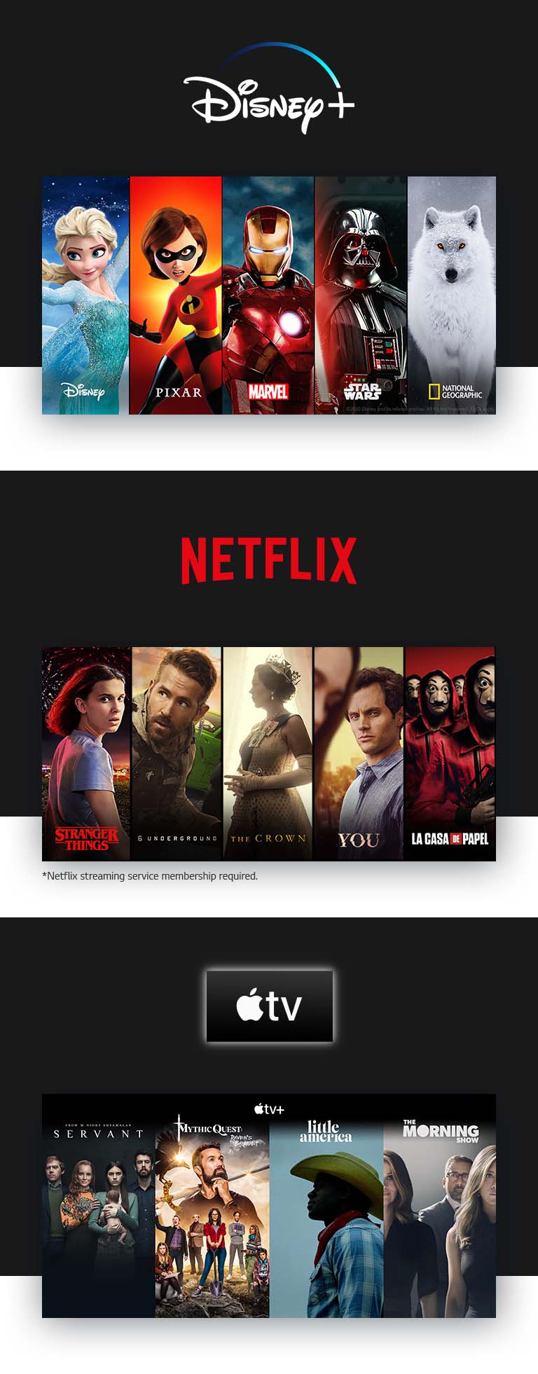 Logo von Disney+ zusammen mit der Vorschauanzeige von fünf Kategorien (Disney, Pixar, Marvel, Star Wars und National Geographic), NETFLIX-Logo zusammen mit der Vorschauanzeige von vier Sendungen (Stanger Things, 6 Underground, The Crown, You and La Casa De Papel), Logo von Apple+ zusammen mit der Vorschauanzeige von vier Sendungen (Servant, Mythic Quest, Little America und The Morning Show)