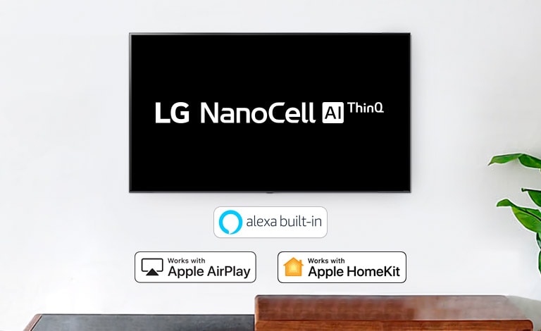 Wandfernseher mit LG NanoCell AI ThinQ-Logo auf schwarzem Hintergrund