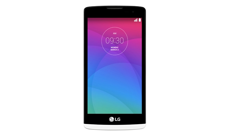 Vorderansicht von LG Leon Android Smartphone mit 11,4 cm (4,5 Zoll) Display, 1,3-GHz-Quad-Core-Prozessor und 5-MP-Kamera mit Selfie Cam-Funktion H320