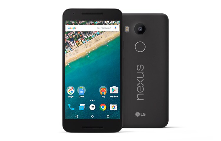 Vorderansicht von Nexus 5X Android Smartphone mit 5,2 Zoll Full HD Display, 12,3 MP Kamera und Fingerabdrucksensor H791