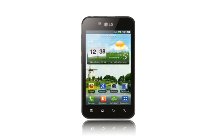 Vorderansicht von OPTIMUS black Touchscreen Smartphone, in elegantem Design, extrem dünn und leicht, mit superhellem NOVA-Display P970