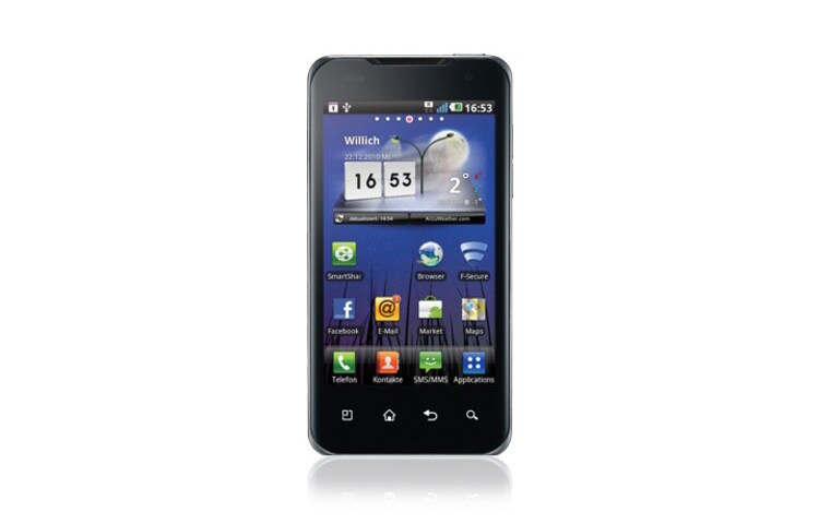 Vorderansicht von OPTIMUS 2X Superschnelles Smartphone mit neuer NVIDIA Dual-Core Prozessor-Technik, 4 Zoll Display und 8 MP Kamera P990