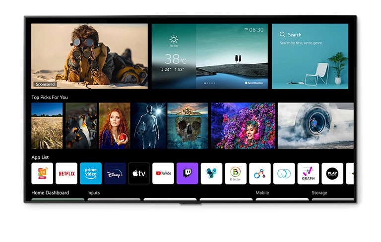 Ein TV-Bildschirm, der dem Benutzer ganz bequem das Wetter, Top-Empfehlungen, Apps und das Home Dashboard anzeigt.