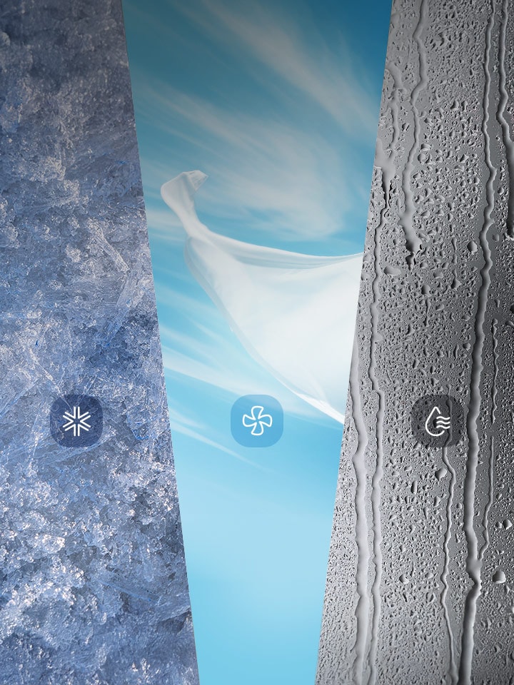 Geteiltes Bild mit Eis für die Kühlung, Wind für den Lüftermodus und Wasser für den Entfeuchtungsmodus der tragbaren LG-Klimaanlage.