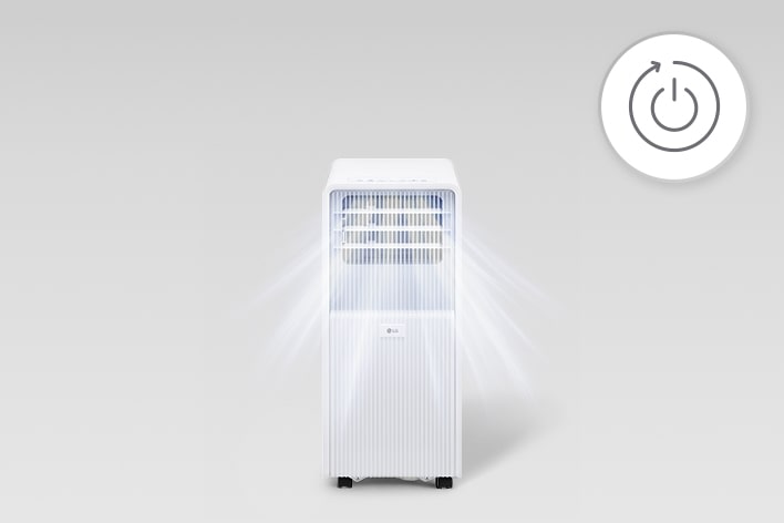 Tragbare LG-Klimaanlage mit einem Auto-Neustart-Symbol, das eine Ein-/Aus-Taste mit einem kreisförmigen Pfeil anzeigt.