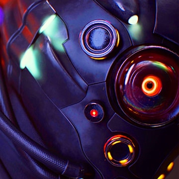 Nahaufnahme einer Figur aus einem Science-Fiction-Spiel, die einen Helm mit kreisförmigem Muster trägt.