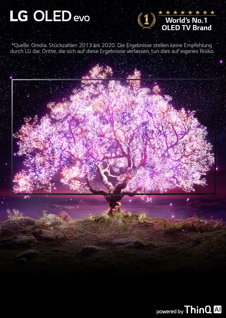 Bild eines großen, rosa beleuchteten Baumes vor einem dunklen, sternenübersäten Hintergrund. Der Baum ist von TV-Rahmen umgeben, was auf die lebensechte Bildqualität der OLED TVs hinweist.