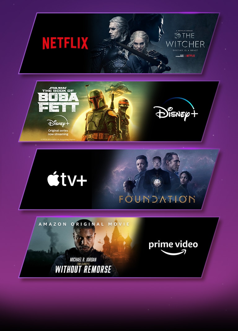 Es gibt 4 Bildblöcke – jeder mit dem Logo einer Streaming-Plattform und Ausschnitten. Netflix-Logo mit The Witcher, Disney-plus-Logo mit Das Buch von Boba Fett, Apple-TV-plus-Logo mit Foundation und Prime-Video-Logo mit Tom Clancy's Gnadenlos.