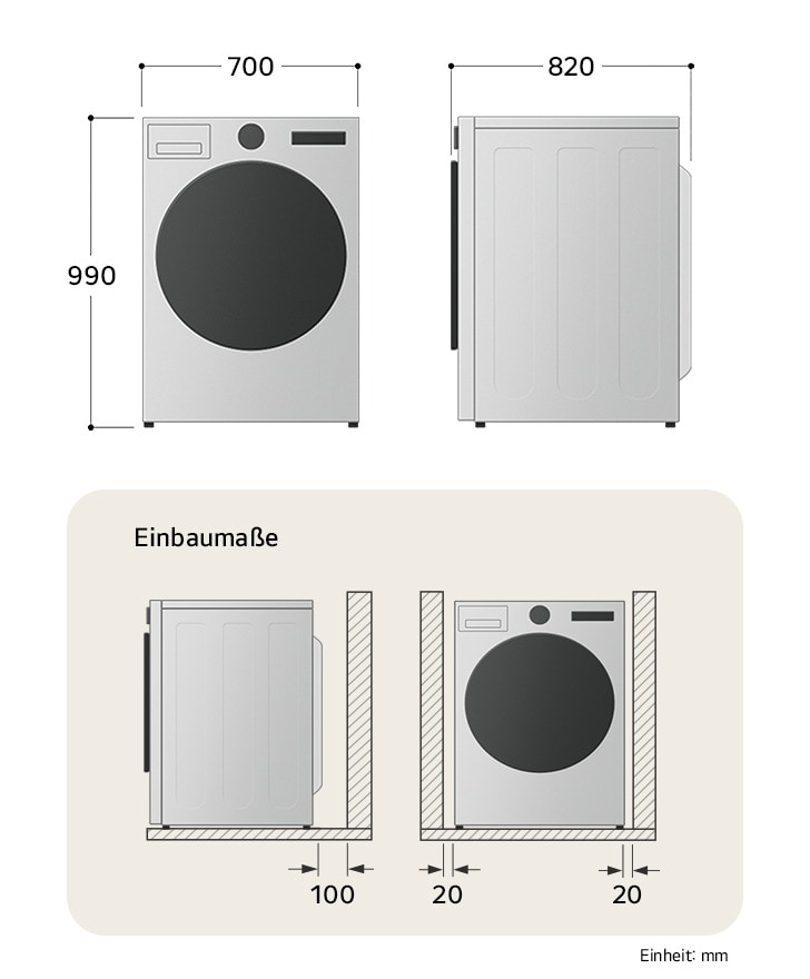 Technische Zeichnung des LG Trockners RT18VT: B 700, H 990, T 820 mm, inkl. Einbaumaße, mit Energieeffizienzklasse
