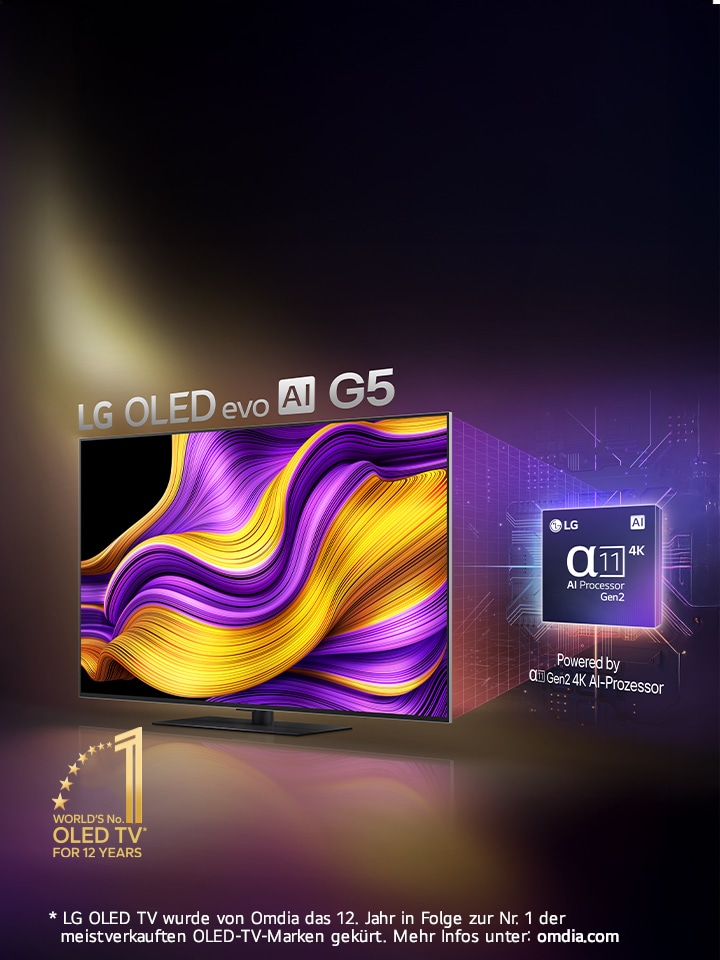 Eine Luftaufnahme von einem Mann und einer Frau, die in einer modernen Wohnung auf einem großen OLED TV ein Konzert ansehen. Das Gütesiegel „11 Jahre weltbester OLED TV“ ist auf dem Bild erkennbar. Im Haftungsausschluss heißt es wie folgt: „Quelle: Omdia. Verkaufte Geräte, 2013–2023. Diese Ergebnisse stellen keine Empfehlung für LG Electronics dar. Vertrauen in diese Ergebnisse erfolgt auf eigenes Risiko. Weitere Informationen auf https://www.omdia.com/.“	