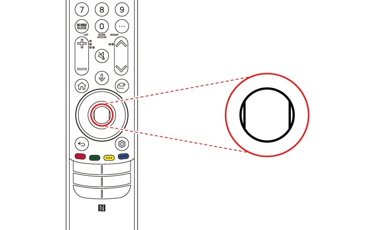 Eine Grafik zeigt, die man die Magic Remote-Fernbedienung verwenden kann. Um sie verwenden zu können, musst du sie zunächst mit deinem Fernseher koppeln Lege zunächst die Batterien in die Magic Remote ein und schalte den Fernseher ein. Richte dann die Magic Remote-Fernbedienung auf deinen Fernseher und drücke die Radtaste (OK) auf der Fernbedienung. Wenn das Fernsehgerät die Magic Remote-Fernbedienung nicht registrieren kann, schalte das Fernsehgerät aus und wieder ein und versuche es dann erneut.