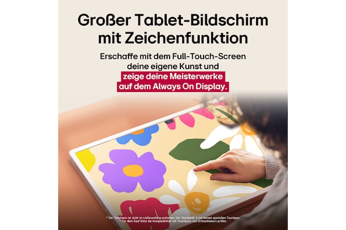 Der LG StanbyME 2 steht auf einem Tisch. Let's Draw wird verwendet. Eine Person erstellt Kunstwerke nur mit Finger und Touchscreen. Der Text erläutert, wie du deinen Bildschirm als digitale Leinwand verwenden und Kunstwerke über das Always On Display anzeigen kannst.