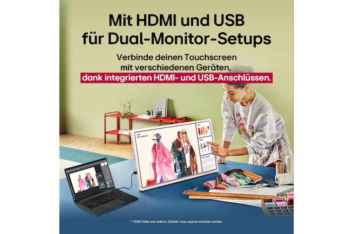 LG StanbyME 2. Eine Hand, die mit dem Touchscreen interagiert, zeigt die Benutzerfreundlichkeit. Der Text handelt davon, dass du deinen Bildschirm problemlos mit anderen Geräten verbinden kannst. 