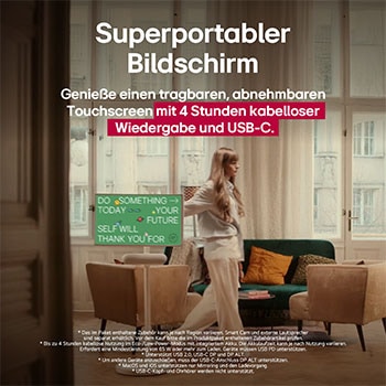 Eine Person rollt den LG StanbyME 2 mit dem Standfuß. Der Text erklärt, dass der superportable Bildschirm 4 Stunden kabellose Wiedergabe und USB-C bietet. 
