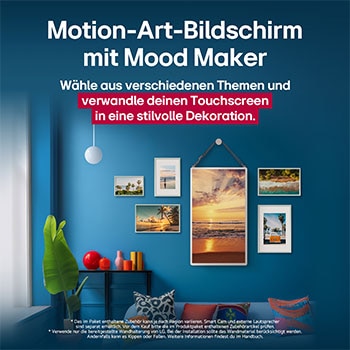 Der LG StanbyME 2 hängt an der Wand und präsentiert den Motion Art Screen. Mood Maker wird verwendet. Ein Artwork zeigt, wie er als stylische Ergänzung zu jedem Raum verwendet werden kann. 