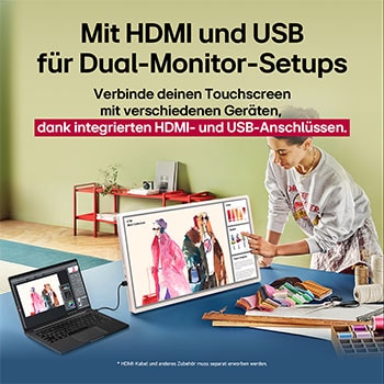 LG StanbyME 2. Eine Hand, die mit dem Touchscreen interagiert, zeigt die Benutzerfreundlichkeit. Der Text handelt davon, dass du deinen Bildschirm problemlos mit anderen Geräten verbinden kannst. 