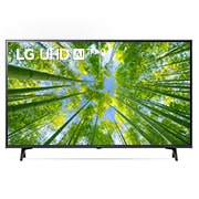 Prikaz prednje strane televizora LG UHD s nadograđenom slikom i na njoj logotip proizvoda