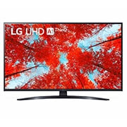 Prikaz prednje strane televizora LG UHD s nadograđenom slikom i na njoj logotip proizvoda