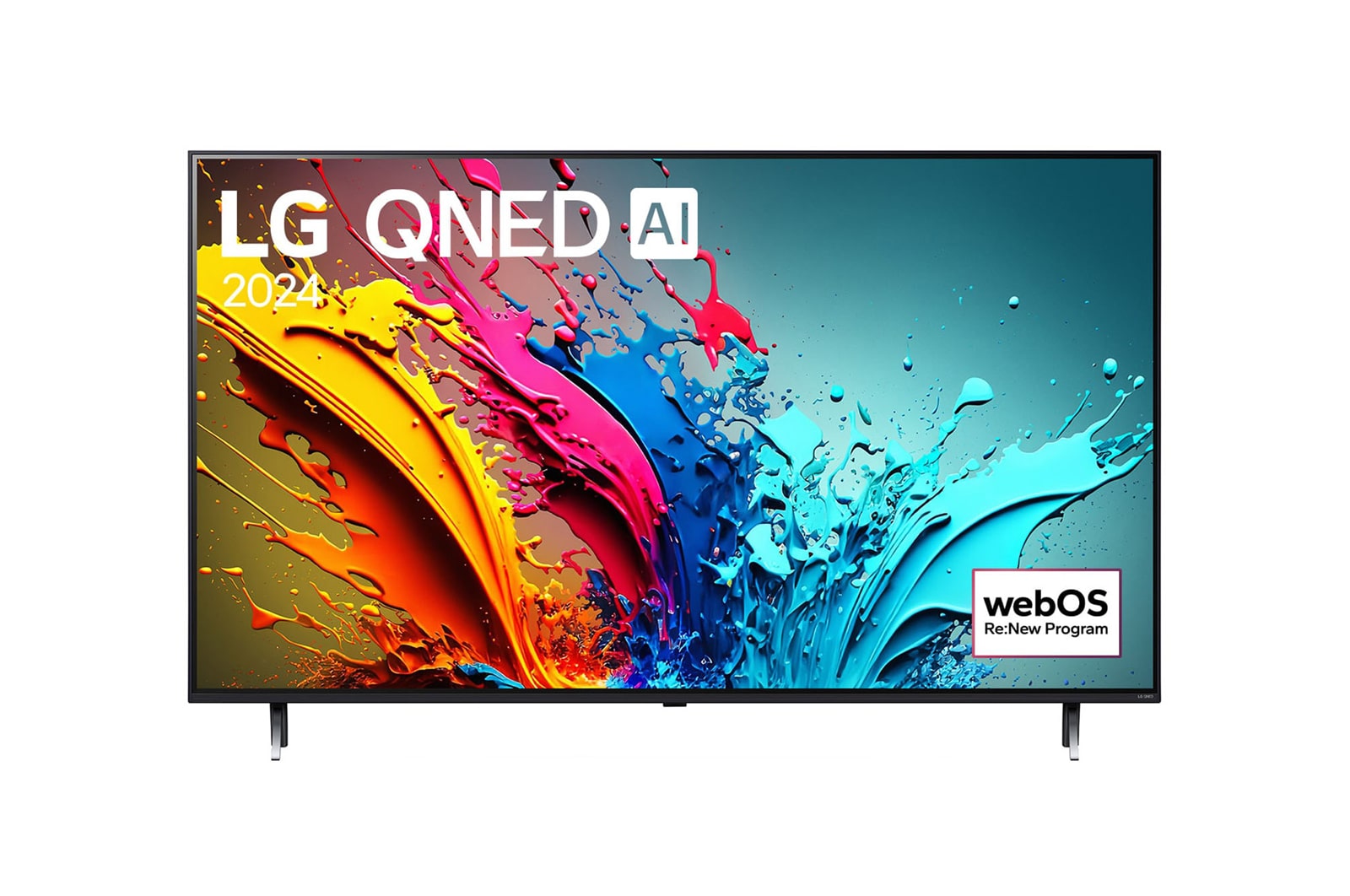 Ansicht der Vorderseite des LG QNED TV, QNED91 mit Text LG QNED MiniLED und 2024 auf dem Bildschirm