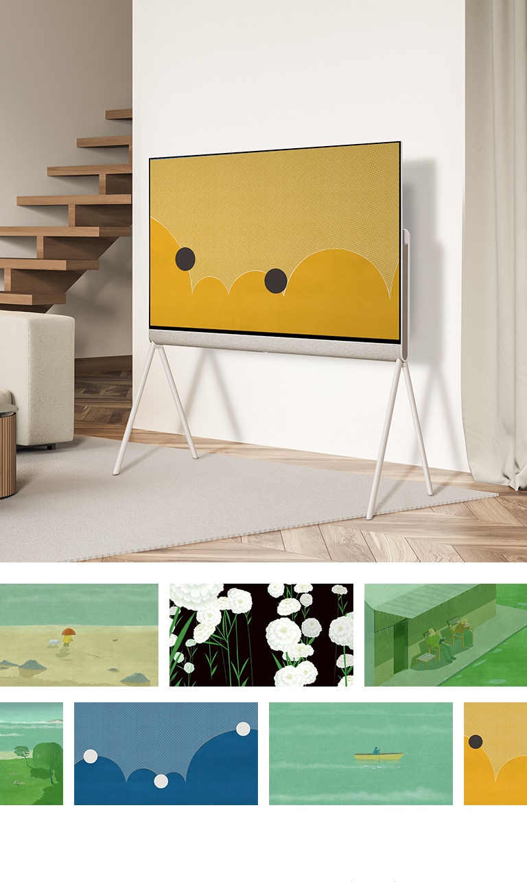 LG OLED Posé steht in einem Wohnzimmer und zeigt ein kräftiges blaues Kunstwerk mit orangefarbenen Kreisen auf dem Bildschirm. Wenn die Kreise hüpfen, wechselt das Kunstwerk von Blau zu Senfgelb. Unten sind mehrere Kunstwerke in einer Karussellansicht zu sehen.